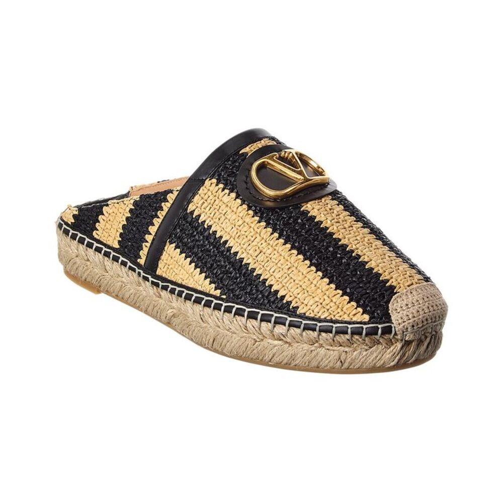 Valentino Vlogo Straw & Leather Mule Espadrille, Black